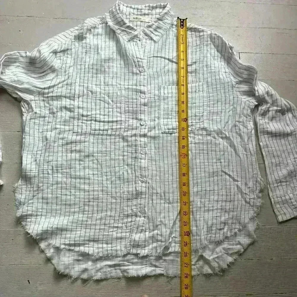 Millibon Long Sleeve ButtonUp W/ Blue Grey Stripes Gauze Textured Frayed Bottom - Picture 4 of 10